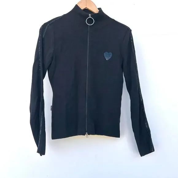 Vintage Y2K 2000s Moschino Jeans Black Full Zip Sweater Heart Sequin Small - Picture 2 of 9